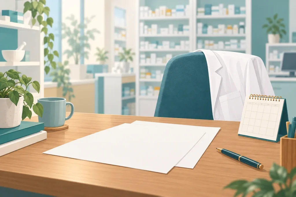 試用期間の契約確認を表す薬局の机のイラスト