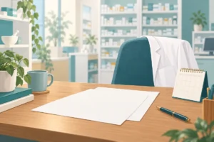 試用期間の契約確認を表す薬局の机のイラスト