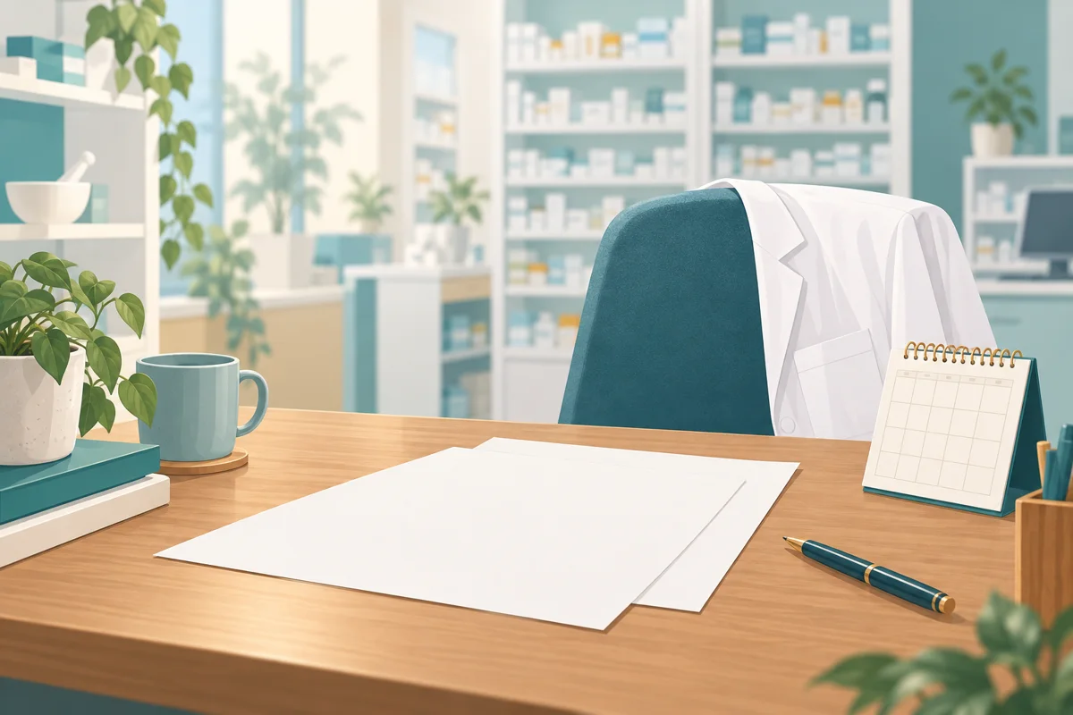 試用期間の契約確認を表す薬局の机のイラスト
