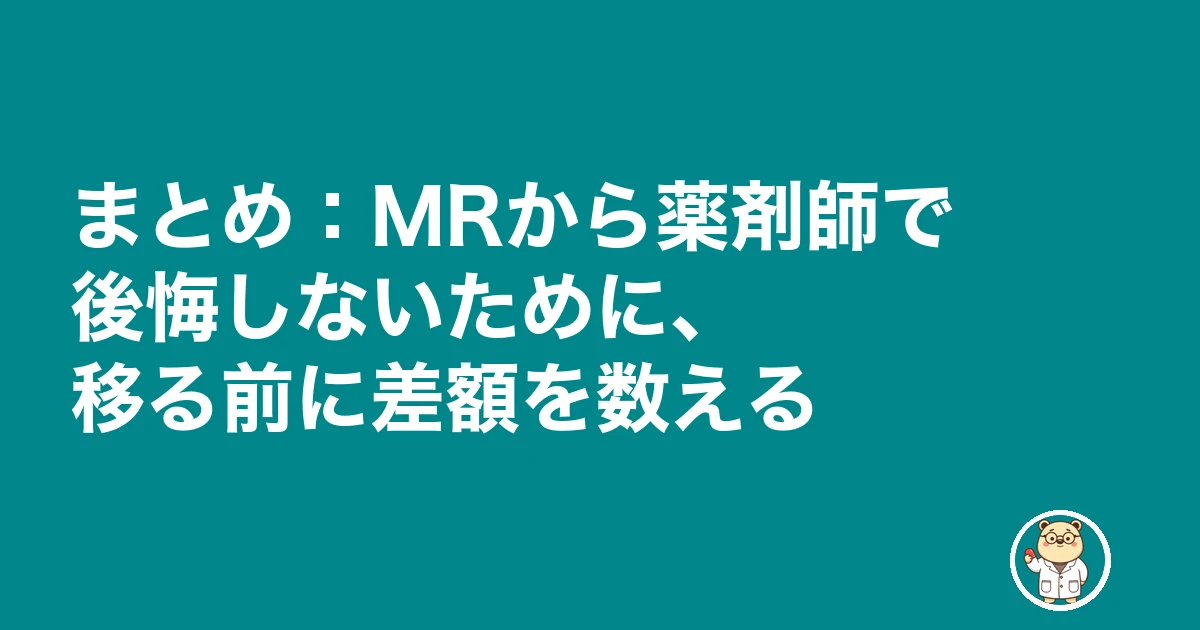 MRから薬剤師 後悔|まとめ:MRから薬剤師で後悔しないために、移る前に差額を数える