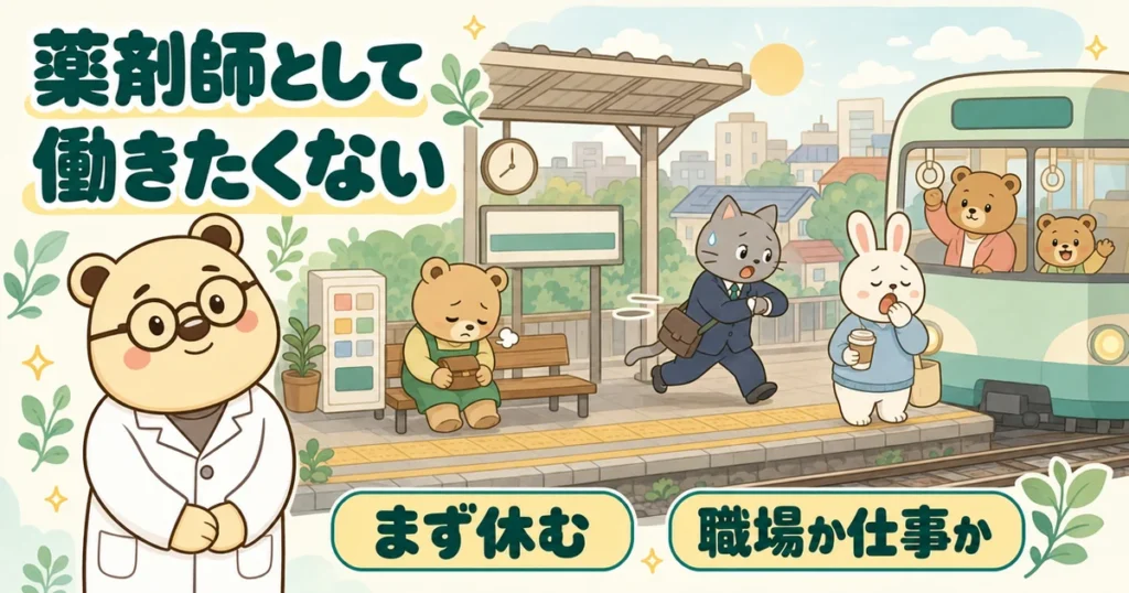 朝の駅のホームに電車が入ってくる絵。ベンチでうつむくクマの薬剤師、急ぐネコ、あくびをするウサギがいて、左下で白衣のクマのたろうがやさしく話を聞く。文字は「薬剤師として働きたくない」「まず休む」「職場か仕事か」。