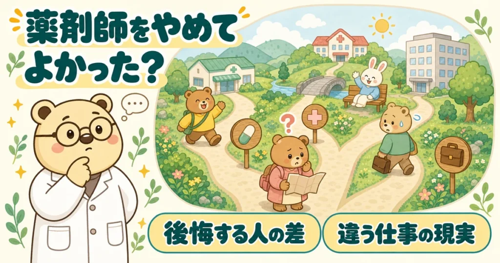 丘から見た分かれ道の風景の絵。道の先に薬局・病院・会社があり、分かれ目で地図を持ったクマが迷っている。左下にあごに手を当てて考える白衣のクマのたろう。文字は「薬剤師をやめてよかった？」「後悔する人の差」「違う仕事の現実」。