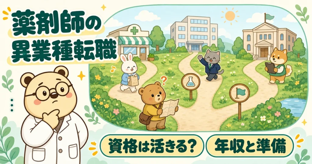 丘から見た分かれ道の風景の絵。道が3本に分かれ、薬局、会社、役所へ続く。分かれ道で地図を見るクマ、左下にあごに手を当てて考える白衣のクマのたろう。文字は「薬剤師の異業種転職」「資格は活きる？」「年収と準備」。