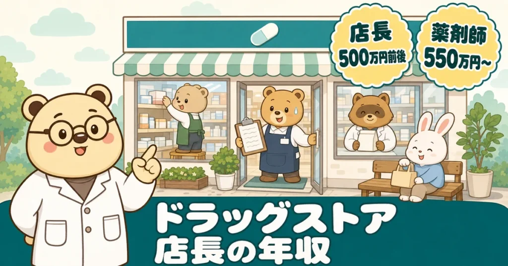 上にドラッグストアの店先を正面から見た場面、下に濃い緑の帯と白い題がある絵。入口に店長のクマ、ガラスごしに品出しのスタッフと調剤窓口のタヌキ、左に指をさす白衣のクマのたろう。文字は「ドラッグストア店長の年収」「店長500万円前後」「薬剤師550万円〜」。