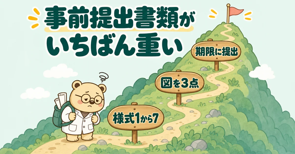 山道を登る絵。看板は下から「様式1から7」「図を3点」「期限に提出」。ふもとで荷物を背負ってつかれた顔の白衣のクマのたろう。題は「事前提出書類がいちばん重い」。個別指導の事前提出書類でつまずく所。