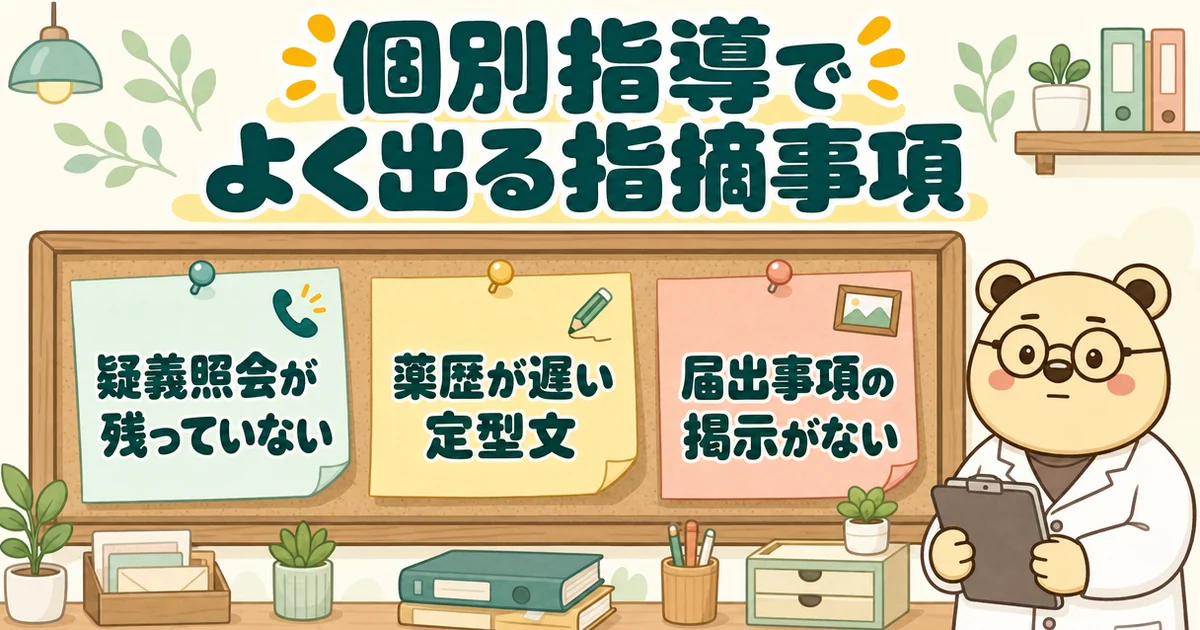 掲示板に紙が3枚とめてある絵。「疑義照会が残っていない」「薬歴が遅い 定型文」「届出事項の掲示がない」。クリップボードを持つ白衣のクマのたろう。題は「個別指導でよく出る指摘事項」。
