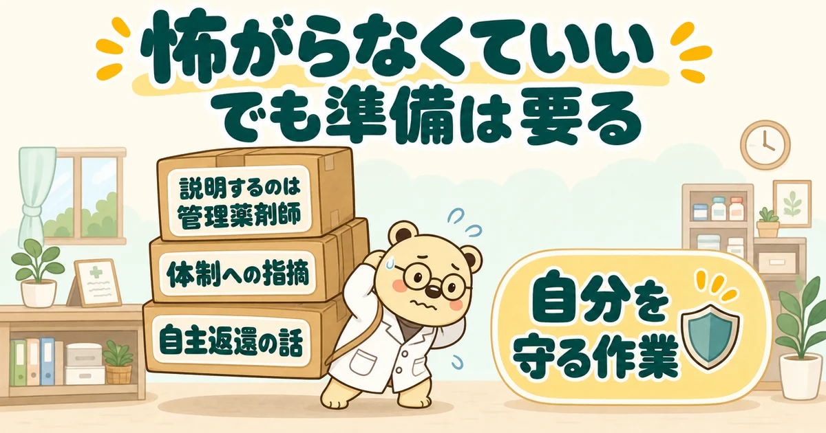 「自主返還の話」「体制への指摘」「説明するのは管理薬剤師」の箱3つを背負う白衣のクマのたろうと、「自分を守る作業」の札の絵。題は「怖がらなくていい でも準備は要る」。それでも準備が要る理由。