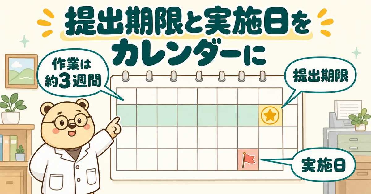 大きなカレンダーの絵。色のついた帯に「作業は約3週間」、黄色の日に「提出期限」、赤い日に「実施日」のふきだし。横で指をさす白衣のクマのたろう。題は「提出期限と実施日をカレンダーに」。予定に入れる。