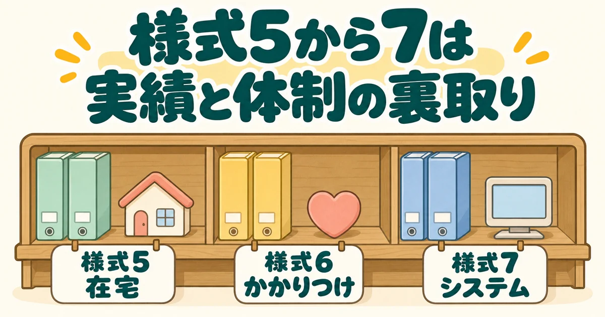 3つに区切った棚にファイルが並ぶ絵。下の札は左から「在宅」「かかりつけ」「システム」で、番号は5・6・7。題は「様式5から7は実績と体制の裏取り」。