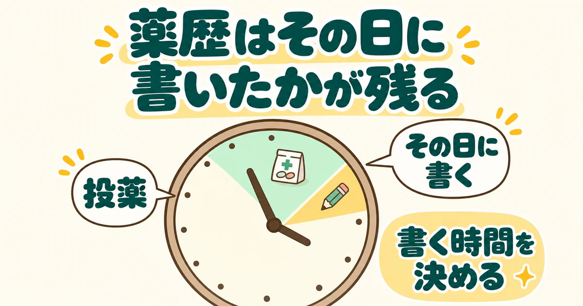 数字のない大きな時計の絵。薬の袋の区切りに「投薬」、すぐ後の鉛筆の区切りに「その日に書く」。右下に「書く時間を決める」の札。題は「薬歴はその日に書いたかが残る」。形に残る。