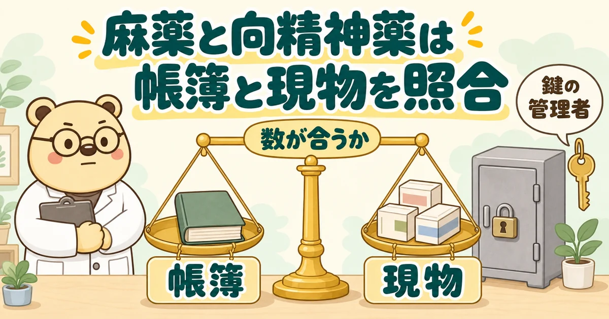 てんびんの左の皿に「帳簿」、右の皿に「現物」の薬の箱がのり、つり合っている絵。上に「数が合うか」、右の鍵つきの棚に「鍵の管理者」。まじめな顔の白衣のクマのたろう。題は「麻薬と向精神薬は帳簿と現物を照合」。