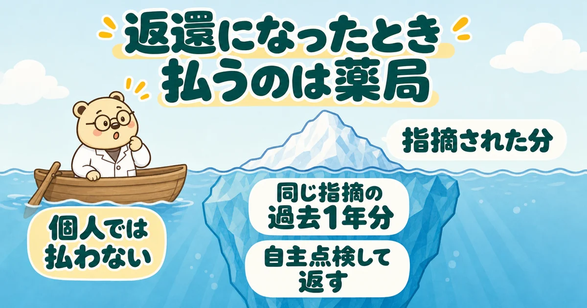 氷山の絵。水面の上に「指摘された分」、水面の下の大きな部分に「同じ指摘の過去1年分」「自主点検して返す」。小舟で驚く白衣のクマのたろうと「個人では払わない」。題は「返還になったとき払うのは薬局」。