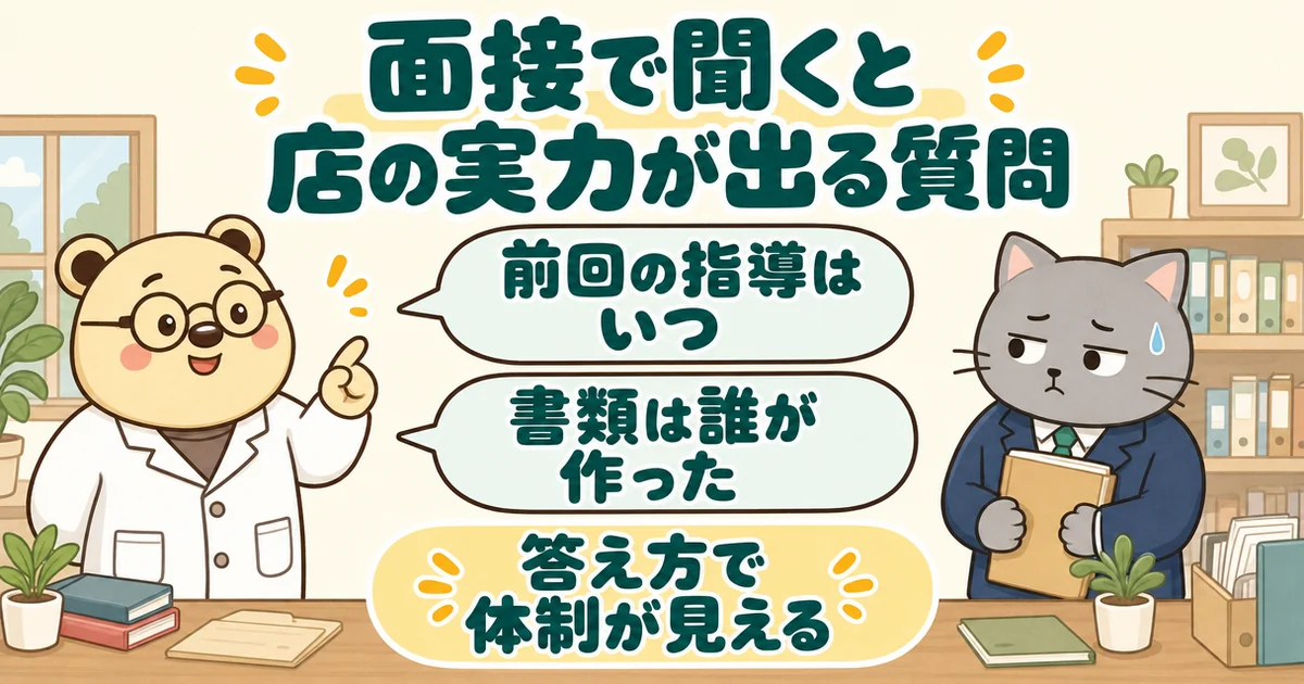 面接で白衣のクマのたろうが会社のネコに質問する絵。ふきだしは「前回の指導はいつ」「書類は誰が作った」。下に「答え方で体制が見える」。題は「面接で聞くと店の実力が出る質問」。